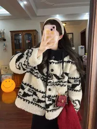设计感连帽毛衣外套女2024秋冬季新款小个子毛毛绒外套