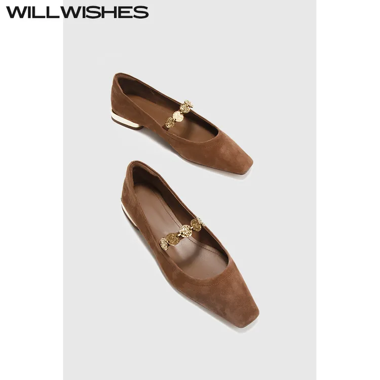  WILLWISHES 王玎女鞋2024新款法式复古平底鞋方头浅口玛丽珍单鞋