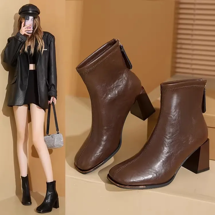 方头小短靴女2024秋冬季真皮加绒马丁靴粗跟高跟鞋百搭网红瘦瘦靴