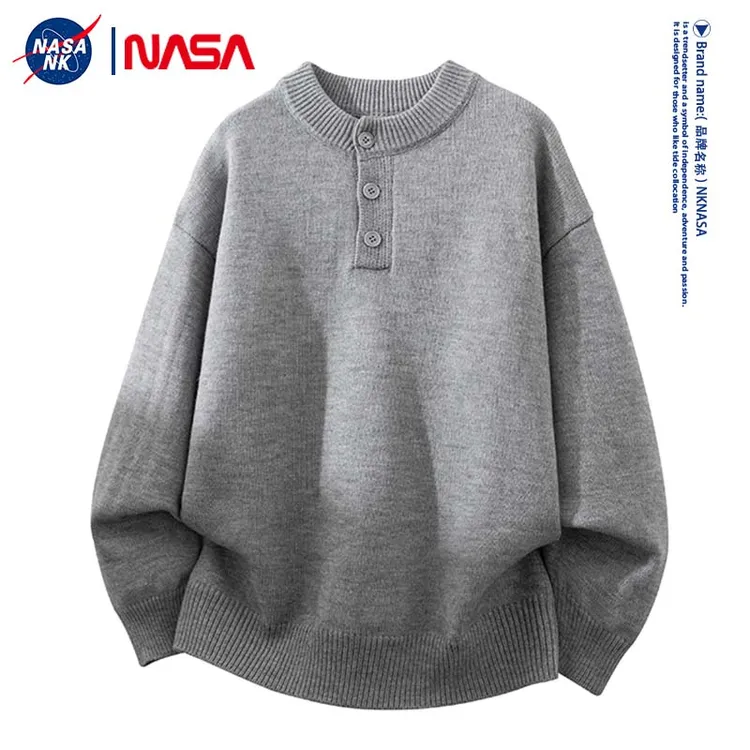 NASA联名秋冬季潮牌慵懒风亨利领毛衣男款复古美式休闲打底针织衫