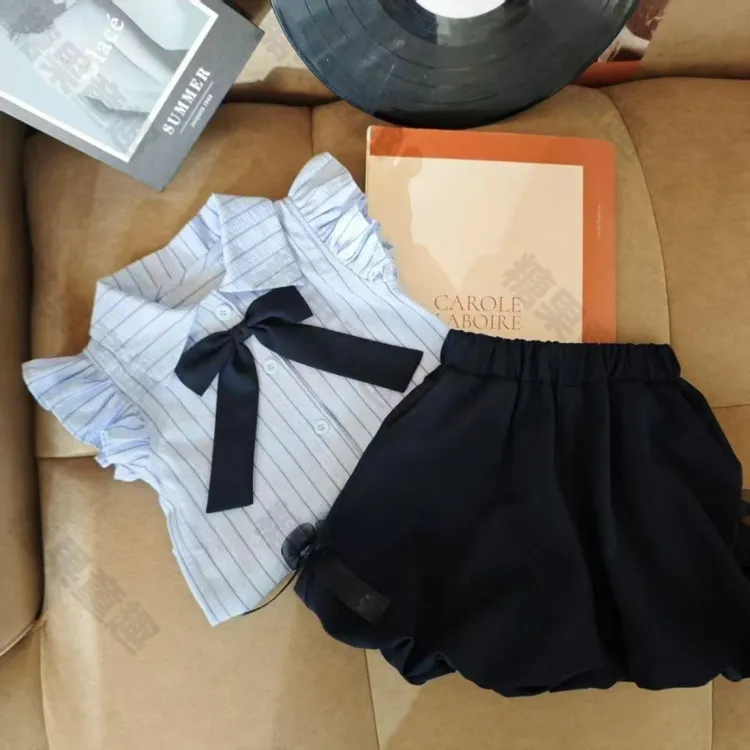女童韩版学院风套装2025儿童夏季新款蝴蝶结衬衫半身裙裤两件套潮