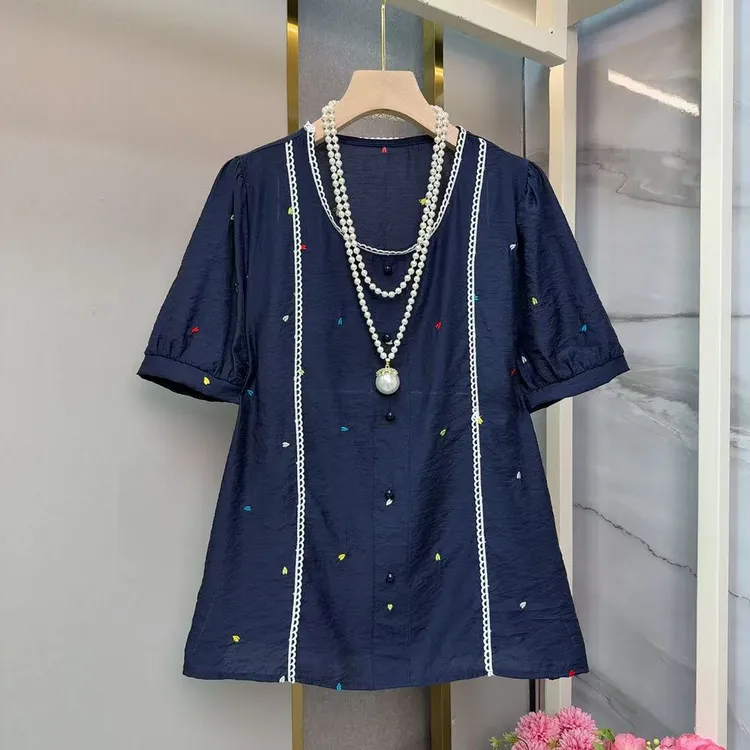 大码刺绣短袖法式衬衫2025夏季新款显瘦宽松洋气上衣减龄时尚减龄