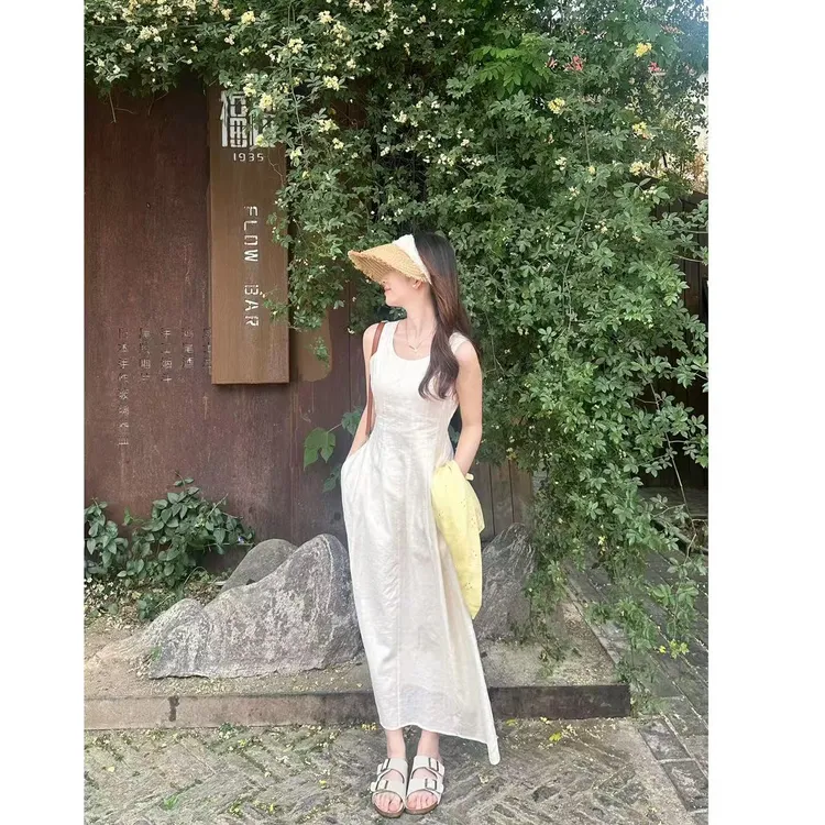 2025夏简约风百搭提花肌理感法式气质收腰显瘦背心长款连衣裙