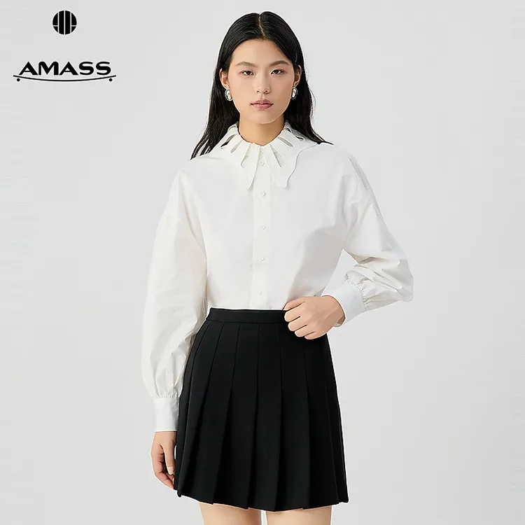 阿玛施AMASS 新款宫廷风简约质感不规则翻领纯棉长袖衬衫女530110