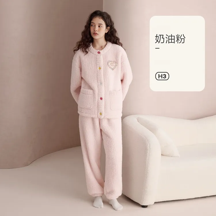睡衣女士秋冬季保暖睡衣套装开衫可外穿珊瑚绒家居服女抗静电
