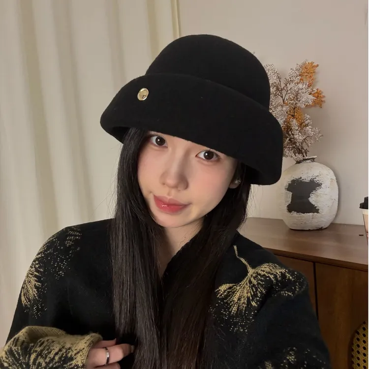 澳洲进口84%羊毛卷边黑色礼帽女显脸小气质大头围盆帽渔夫帽女冬