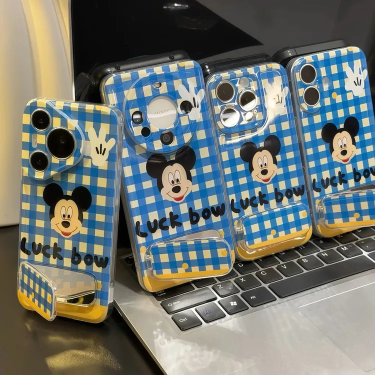 蓝白格纹米奇镜子支架适用iphone16手机壳华为vivo小米15oppo软套