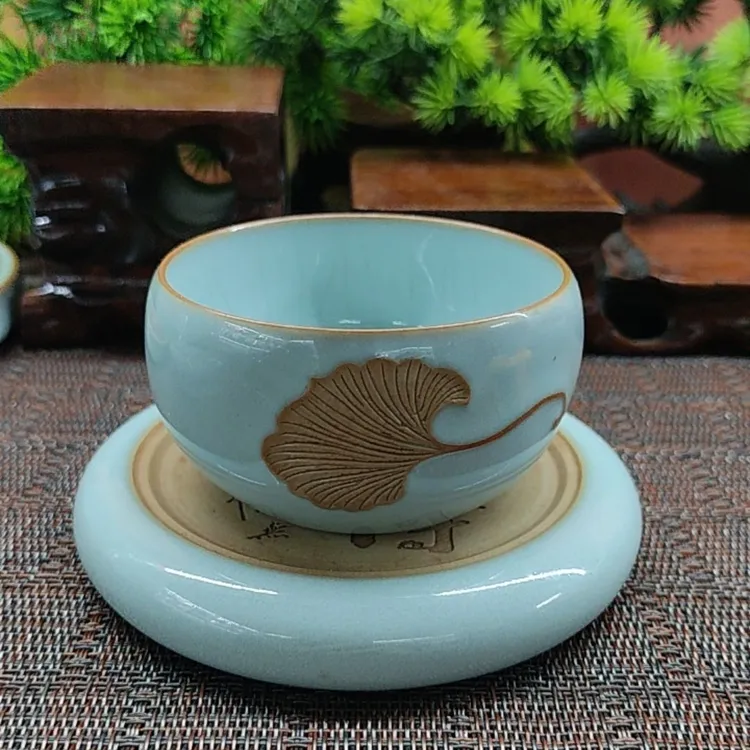 汝州原产地纯手工天青釉开片可养银杏叶主人杯(单杯价）满容110