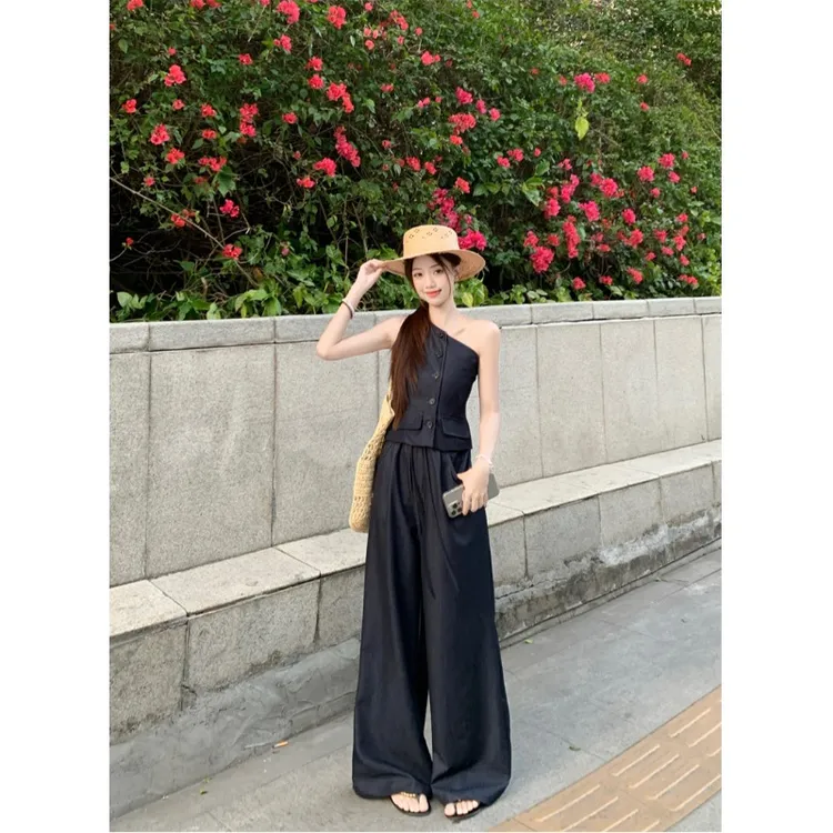 2025新款时尚休闲套装修身显瘦斜肩背心女装夏季低腰拖地裤两件套