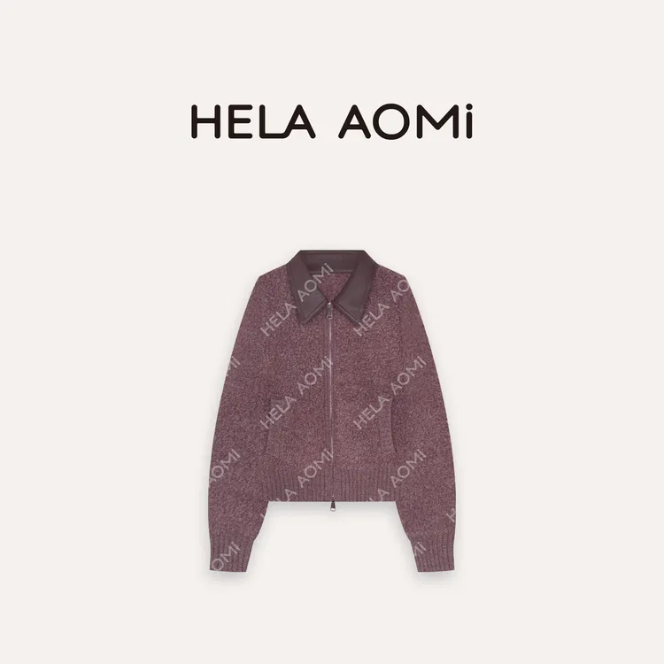HELA AOMI “拼皮强缩羊毛100%”拼皮领复古宽松针织衫CY5CM33566