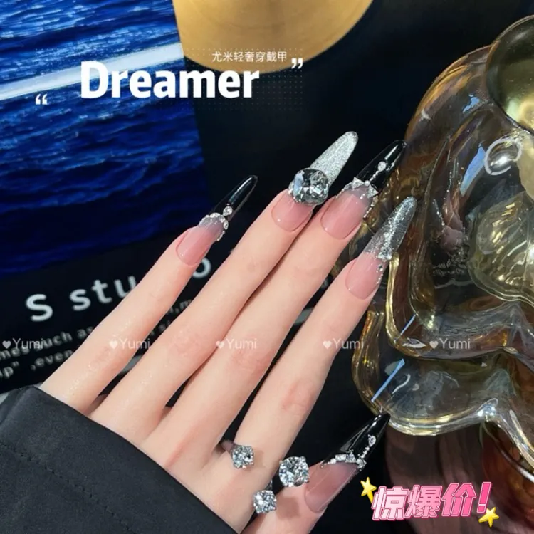 猫眼镶钻冰透纯欲腮红可拆卸穿戴甲贴片高级纯手工美甲黑色长款