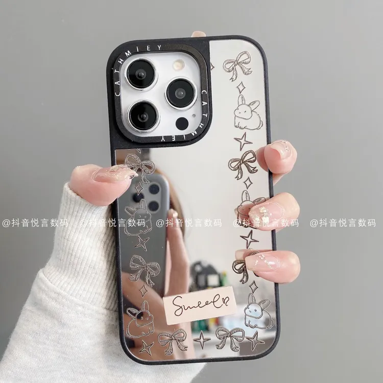 黑边镜面壳适用iPhone16promax15/14/13/12/11线条兔ins风手机壳