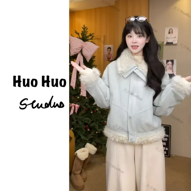 小个子短款仿羊羔毛外套女2025冬季新款毛毛夹克上衣