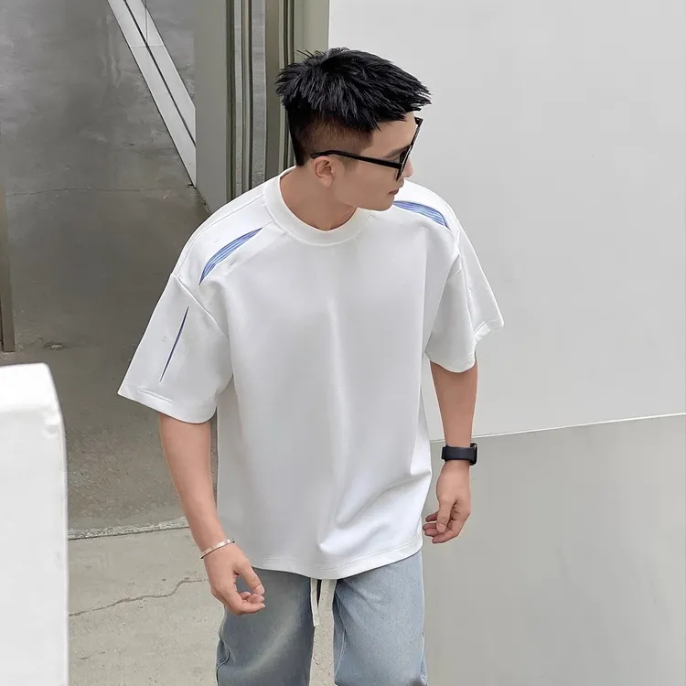 美式街头设计感圆领T恤男夏潮牌宽松短袖体恤重磅解构拼接五分袖