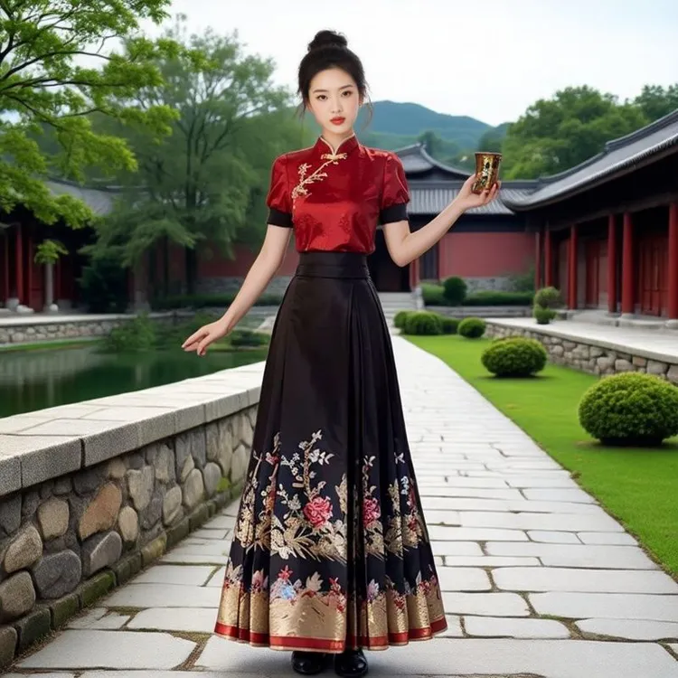 复古国风刺绣花上衣马面裙套装2025夏季新款红色短袖衬衣两件套女