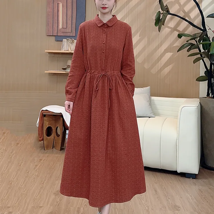 专柜金标-纯棉裙连衣裙女中长款2025秋显瘦刺绣长袖a字裙子潮671