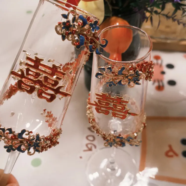订婚敬酒杯手工diy高脚杯结婚一对新中式高级感喜庆杯子新婚礼物