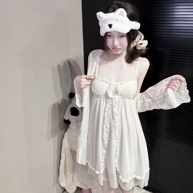 「奶霜仙甜妹」女士甜美纯欲风带胸垫可拆卸蕾丝吊带睡衣家居服套装