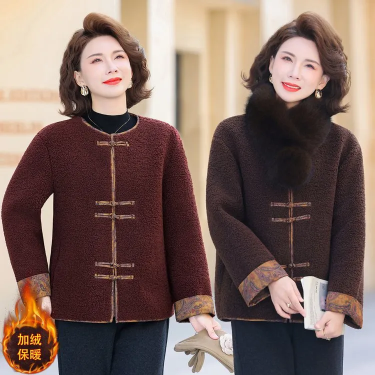 中老年女装中老年加厚格子棉袄加绒女装棉衣加厚外套气质大码