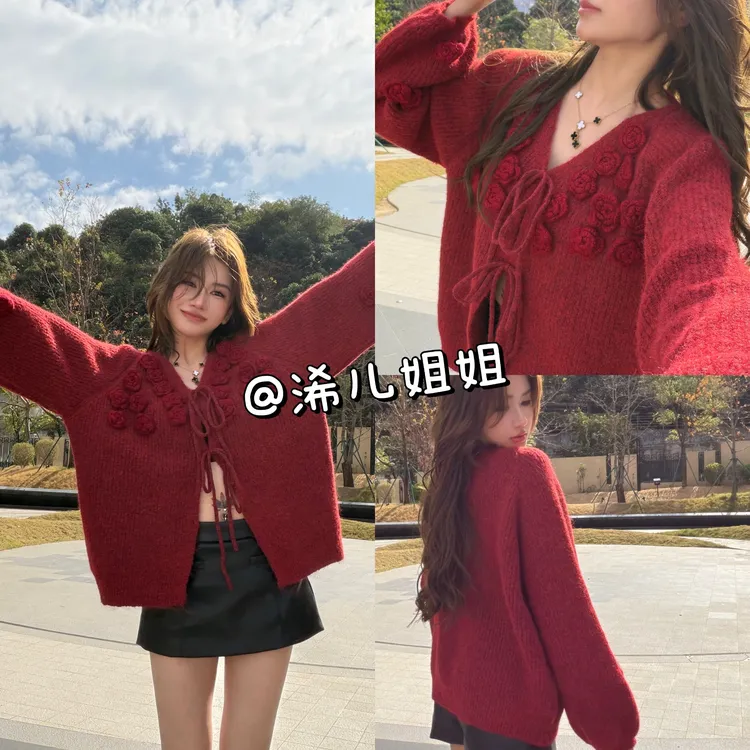 （浠儿姐姐）红色慵懒显白针织衫女新款高级感重工立体花朵绑带毛衣