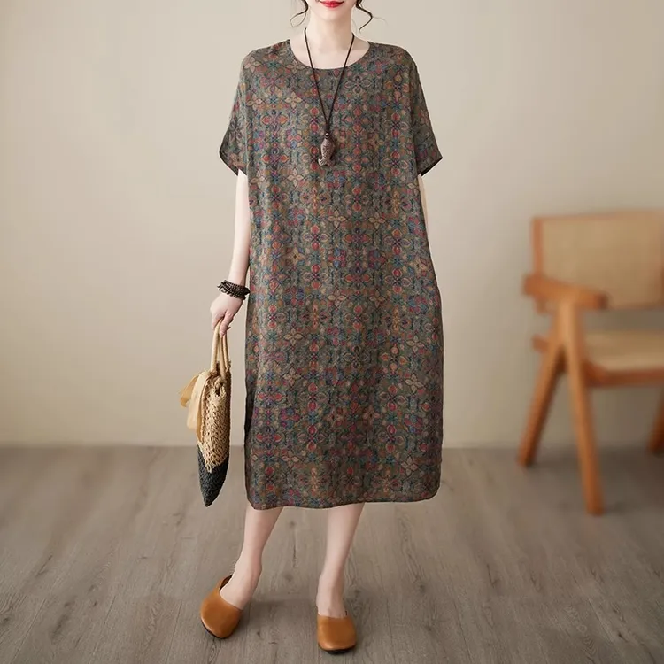 外贸折扣品牌尾货女夏大码宽松棉麻复古碎花中长款A字连衣裙气质