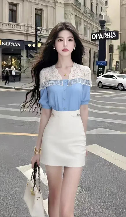 时尚减龄气质女装撞色拼接设计短袖修身上衣+杏色包臀半身裙套装