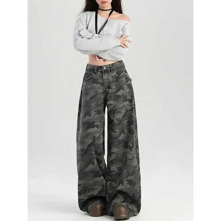 大码复古高街工装阔腿迷彩牛仔裤女夏季新款高腰宽松显瘦直筒裤子