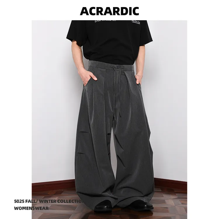 ACRARDIC潮牌老钱风褶皱灰色休闲西裤男街头美式百搭阔腿垂感裤子