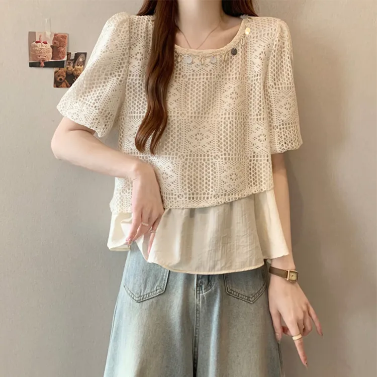 大码女装遮肚子小香风镂空假两件衬衫女夏季胖mm宽松显瘦蕾丝上衣