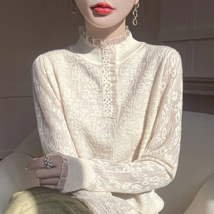 2025新款高领洋气提花钉珠宽松春秋蕾丝打底衫女内搭洋气大码女装