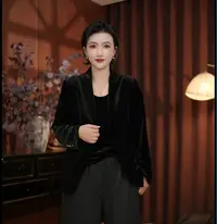 5105女士新款女士短外套唐装开衫网红通用常规款丝绒一粒扣百搭