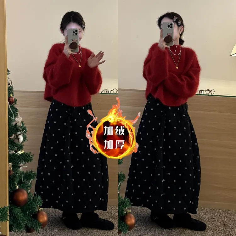 复古灯芯绒波点加绒半身裙2025秋冬新款梨型身材显瘦A字中长裙