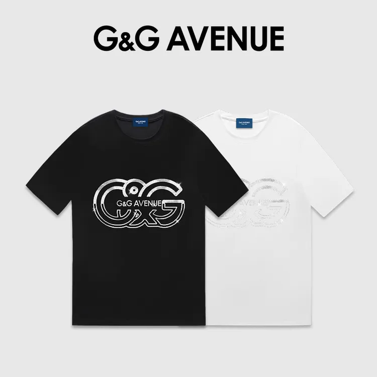法国G&G AVENUE轻奢潮牌夏季新款圆领100%纯棉烫钻短袖T恤男女款