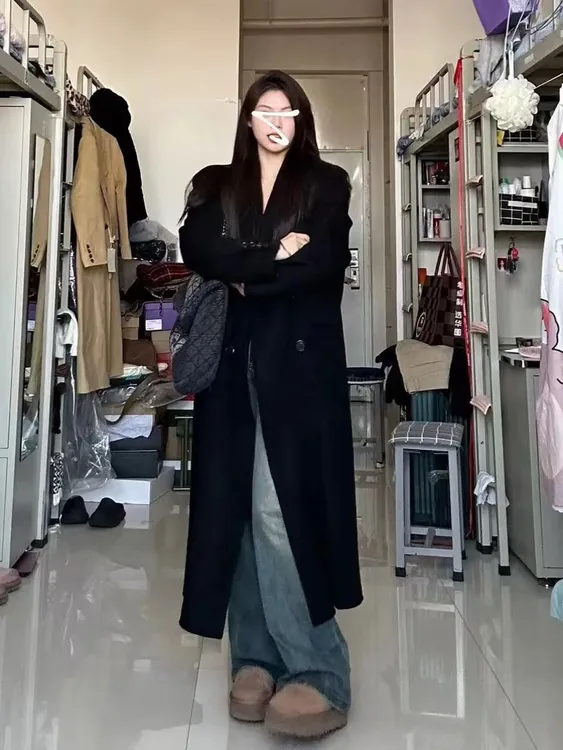 韩系高级感加棉黑色西装外套女2024秋冬新款休闲韩版宽松毛呢大衣