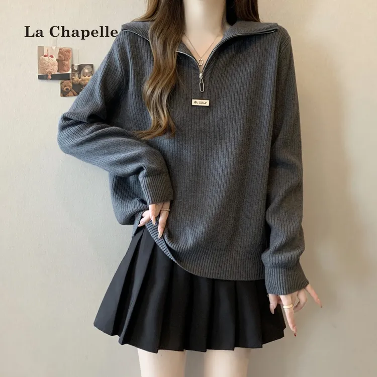 拉夏贝尔半拉连正肩针织衫灰色翻领毛衣女秋冬内搭大码打底衫上衣