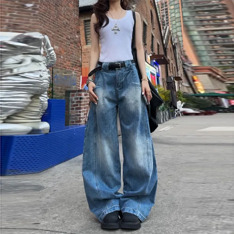 现货11600竹节牛仔渐变洗水牛仔腰带裤女2025春秋新款直筒休闲裤
