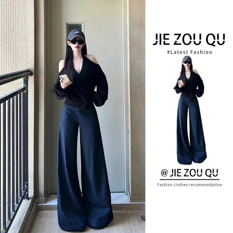 节奏曲美式辣妹黑色露背挂脖针织上衣时尚高腰直筒牛仔裤套装