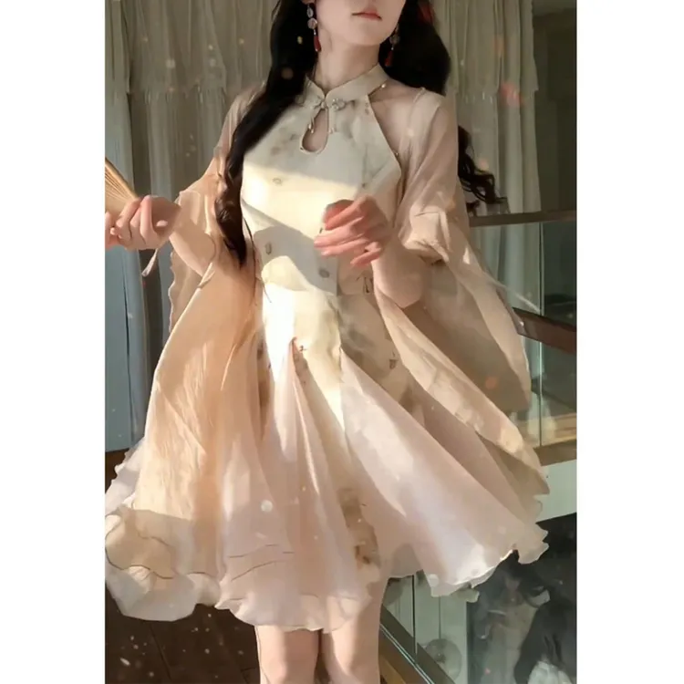 新中式复古清冷感印花拼接旗袍连衣裙女夏气质修身显瘦甜美公主裙