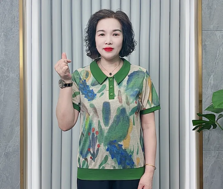 夏季时尚翻领印花T恤气质妈妈装宽松韩版休闲百搭减龄短袖上衣女