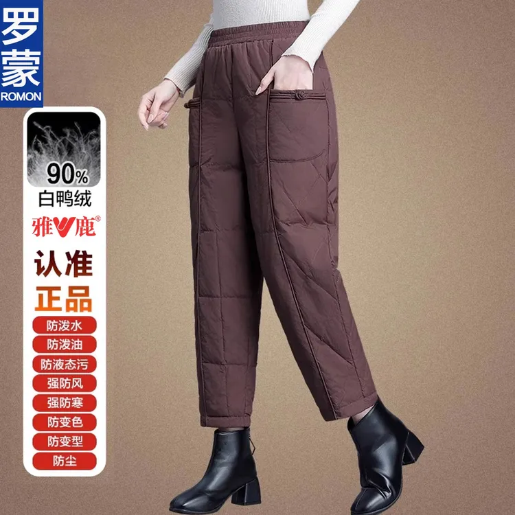 罗蒙品牌妈妈冬季羽绒裤中老年女洋气高腰保暖直筒棉裤子外穿新款
