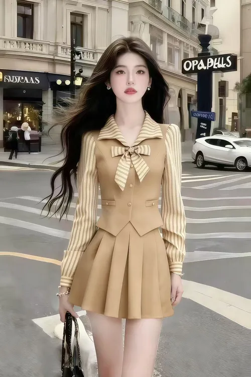 休闲通勤风卡其色条纹拼接长袖修身上衣+卡其色百搭高腰半裙套装