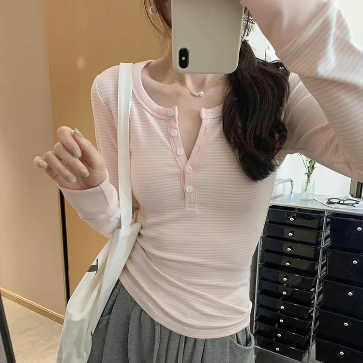 韩系纯欲独特绝美粉色条纹长袖T恤女2025早春修身内搭打底衫上衣