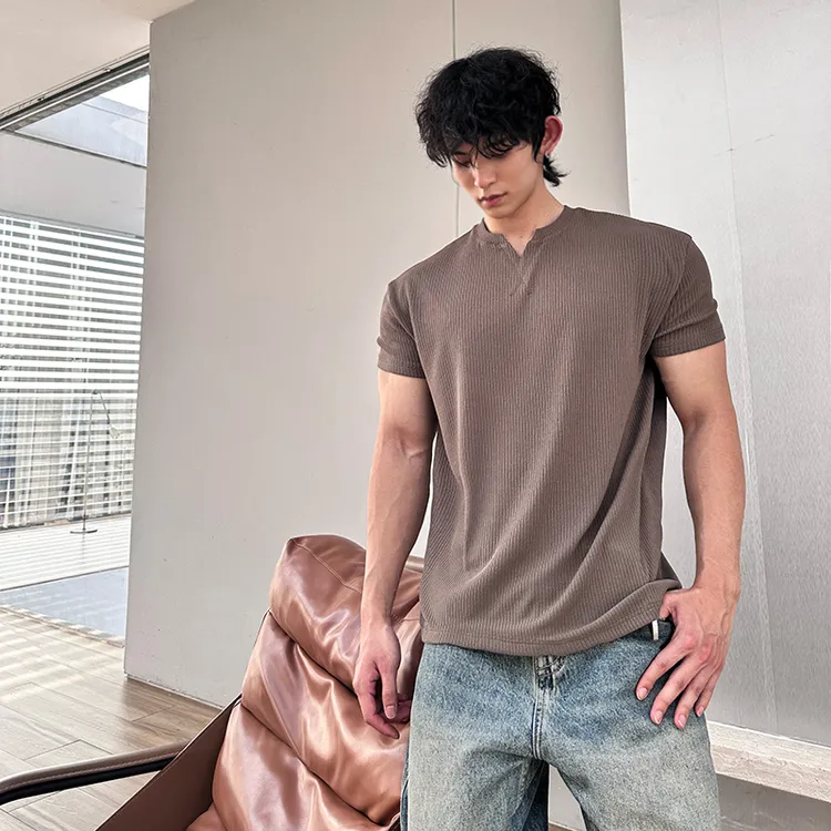 TF春夏肌理美粒棉短T恤男V领简约宽松休闲训练健身上衣成熟男装