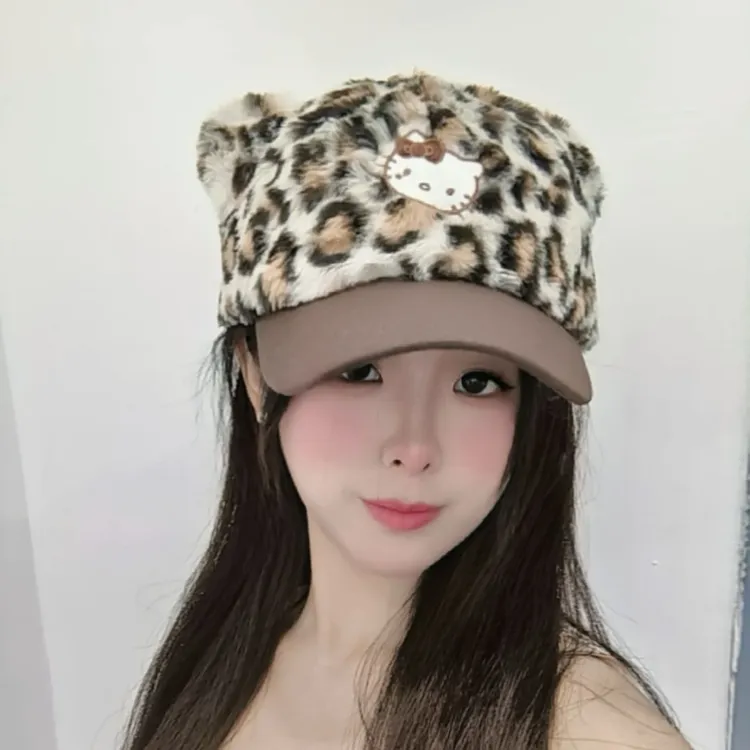 原创豹纹kt猫耳毛绒棒球帽甜酷大头围显脸小鸭舌帽子帽子女秋冬