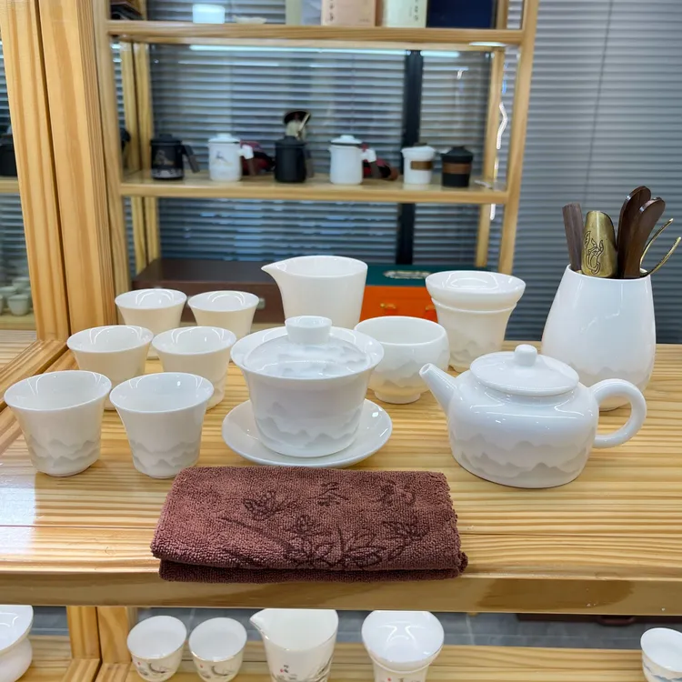 悬停远山14+六君子羊脂玉白瓷悬停盖碗功夫茶具套装安全泡沫包装