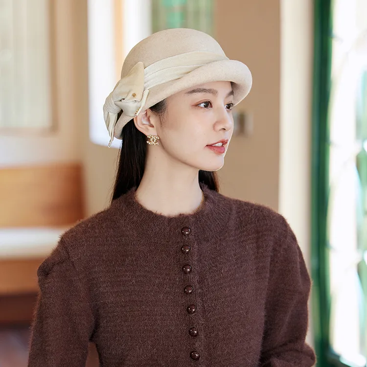 秋冬法式复古羊毛贝雷帽子女2025新款丝绒蝴蝶结盆帽气质优雅礼帽
