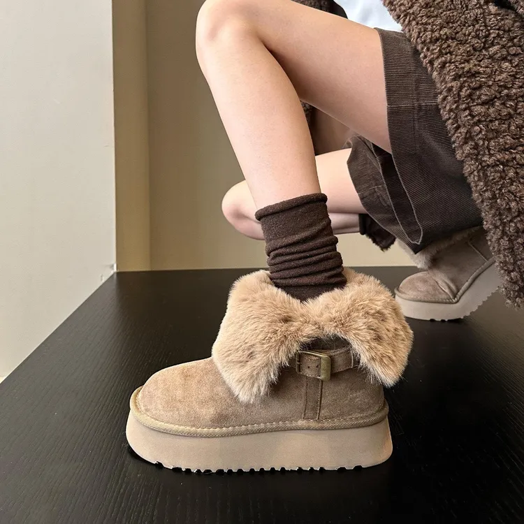 脚暖暖的冬季绒面加绒厚底两穿毛绒翻边雪地靴女棉靴东北大棉鞋