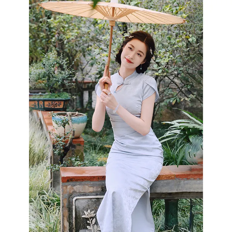 凌茜恣禾【云提】国风新中式温婉优雅气质蓝提花裙氛围高级感旗袍裙