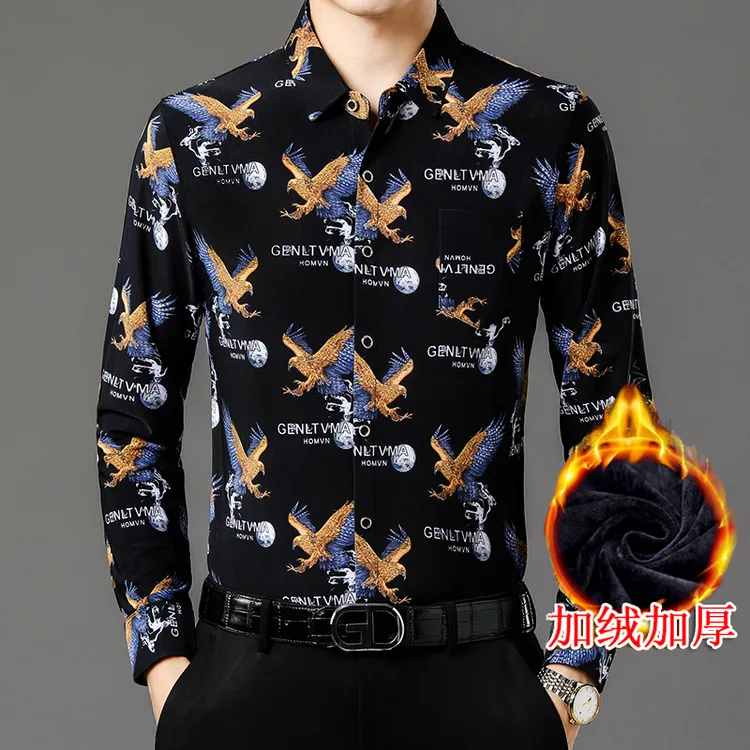 冬季保暖长袖花衬衫男中年碎花爸爸装宽松休闲衬衣加绒加厚有口袋