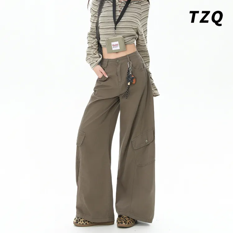 美式军绿色阔腿工装裤女款爆款2025秋季高腰宽松显瘦直筒牛仔裤子